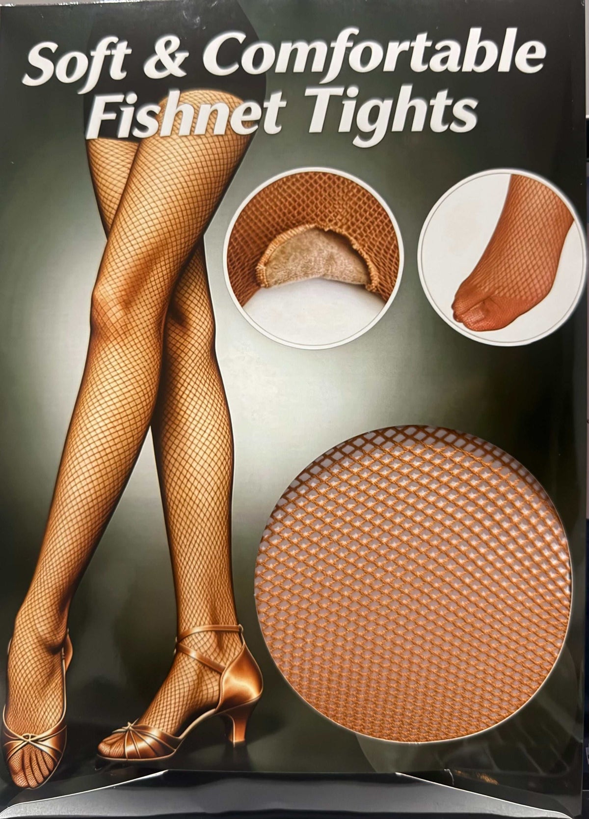 Soft and Comfortable Fishnet tights in tan nylon with a fine diamond mesh pattern and a stretchy, close fit
